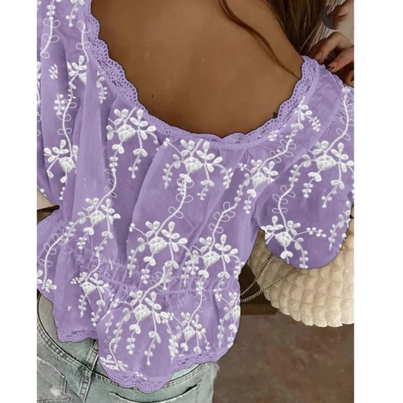 Boho Semi Sheer Lace Button Down Embroidered Floral Top - Picture 4 of 5
